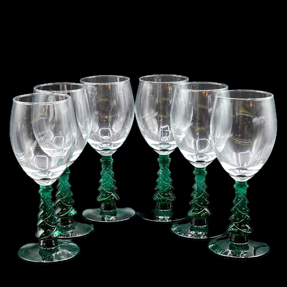 Holiday Libbey Christmas Tree Stemmed Wine Glasses Set 6